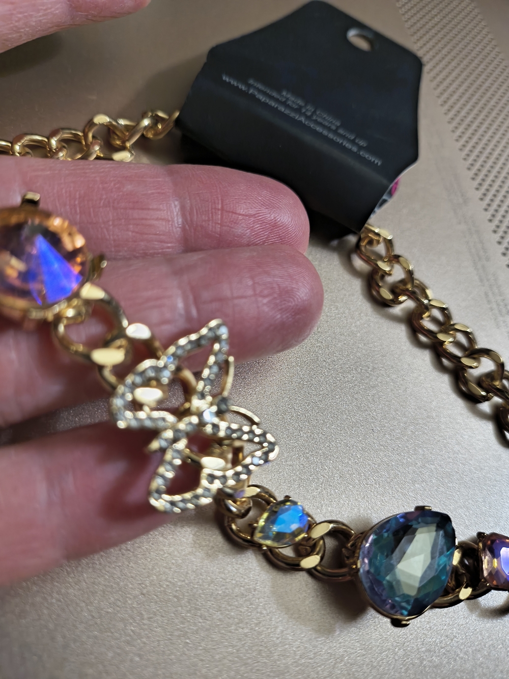paparazzi Gold Butterfly Necklace with Iridescent Blue-Green Crystals